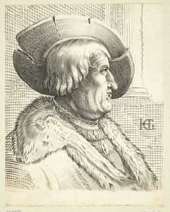 ファンタジー, 肖像画, の, 老人, ∥で∥, 帽子, 中に, プロフィール 作： Hendrick Goltzius