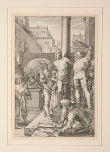 受難からのキリストの鞭打ち、一連の 12 の彫刻の #6 作： Hendrick Goltzius