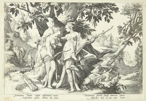 ダイアナに変装したジュピターがカリストを誘惑 作： Hendrick Goltzius