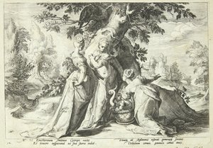 ミネルバから託された籠を開けるケクロップの娘たち 作： Hendrick Goltzius