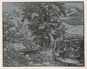 羊飼いのカップルのいる風景 作： Hendrick Goltzius