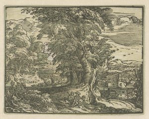 座っているカップルのいる風景 四つの小さな風景 (シリーズタイトル) 作： Hendrick Goltzius