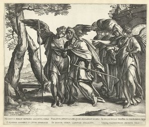 ロトは妻と娘たちと一緒にソドムから逃げる 作： Hendrick Goltzius