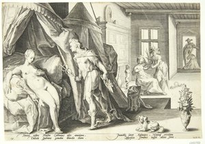 マーキュリーは、アグラウロスを石に変えた後、ハーセの部屋に入る 作： Hendrick Goltzius