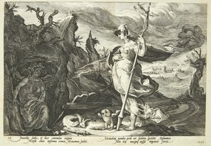 ミネルバはアグラウロスの心を嫉妬で満たすために嫉妬を命じる 作： Hendrick Goltzius