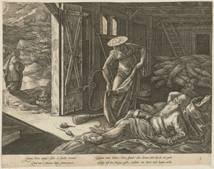 納屋にいるルツとボアズ、『ルツの物語』シリーズ第3ページ 作： Hendrick Goltzius