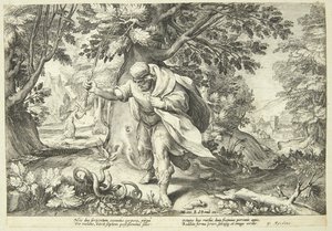 交尾中の 2 匹のヘビを杖で攻撃するテイレシアス 作： Hendrick Goltzius