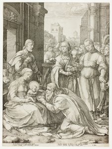 東方の三博士の礼拝、プレート 5、『キリストの誕生と初期の生涯』より 作： Hendrick Goltzius