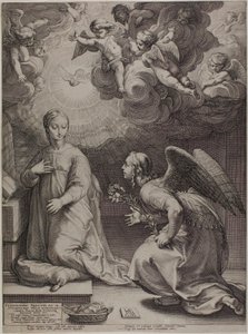 受胎告知、「キリストの誕生と初期の生涯」のプレート 1 作： Hendrick Goltzius