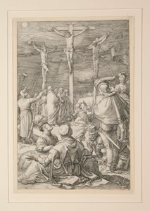 磔刑 (十字架上のキリスト)、受難から、12 の彫刻シリーズの 10 番 作： Hendrick Goltzius