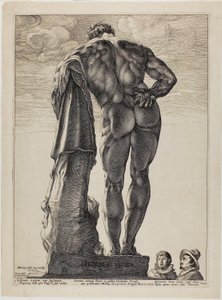 ファルネシアのヘラクレス、3 つの有名なアンティーク彫刻のプレート 1 作： Hendrick Goltzius