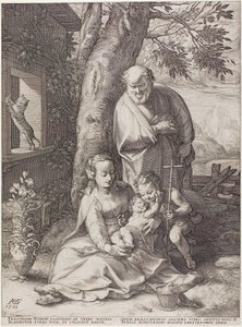 幼子洗礼者ヨハネのいる聖家族、『キリストの誕生と幼少期』のプレート 6 作： Hendrick Goltzius