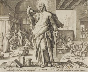 神と見なされる医師、医療専門家の寓話から 1 枚のプレート。 作： Hendrick Goltzius