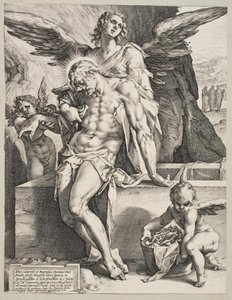 天使に支えられたキリストの体 作： Hendrick Goltzius