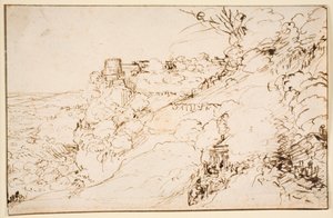 山麓に城のような建物がある風景 作： Hendrick Goudt