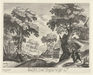 田舎道で​​農家の夫婦がいる風景 作： Hendrick Hondius (I)