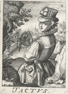 フィーリング (Tactus)、鳥を持つ女性 Tactus (オブジェクトのタイトル) 五感（シリーズタイトル） 作： Hendrick Hondius (rejected attribution)