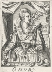 Reuk (Odor)、花の枝を持つ女性 におい（オブジェクトのタイトル） 五感（シリーズタイトル） 作： Hendrick Hondius (rejected attribution)