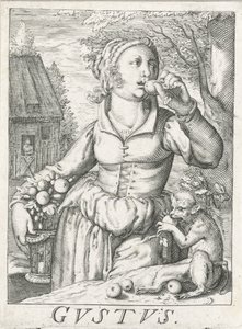 味（ガストゥス）、果物を持つ女性 Gustus (オブジェクトのタイトル) 五感（シリーズタイトル） 作： Hendrick Hondius (rejected attribution)