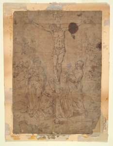 聖母と聖ヨハネの間の十字架上のキリスト、背景に受難の場面 作： Hendrick de Clerck
