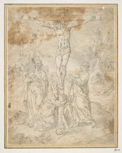 聖母と聖ヨハネの間の十字架上のキリスト、背景に受難の場面 作： Hendrick de Clerck
