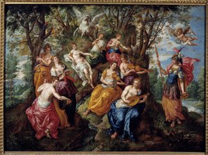ヘンドリック・ド・クラーク (1570-1629) の絵画 (ec.flam.) 17 世紀のシャロン・シュル・マルヌでのミネルヴァの訪問。 美術館 作： Hendrick de Clerk