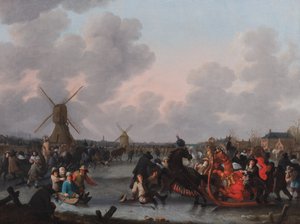 氷上に無数の馬橇が並ぶ冬景色 作： Hendrick de Meijer