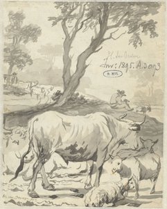 木の下で牛と羊と羊飼い 作： Hendrick ten Oever