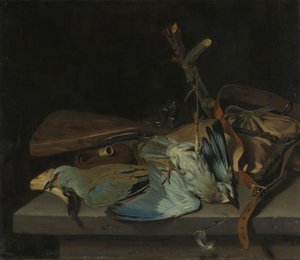 狩猟具と鳥のある静物 作： Hendrick ten Oever