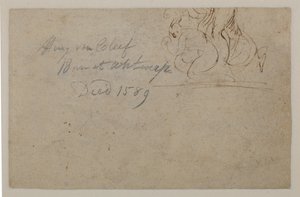 後の手による注釈。身をかがめる姿と飼育馬のスケッチ、16世紀 作： Hendrick van Cleve