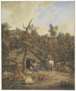 荒廃した馬小屋の前で休む羊飼い、羊飼い、牛 作： Hendrik Abraham Klinkhamer