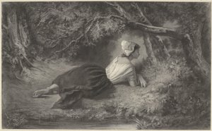 水辺の木の下に横たわる少女 作： Hendrik Adriaan Christiaan Dekker