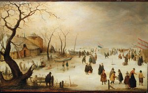 氷の上の数字のある冬の川の風景 作： Hendrik Avercamp