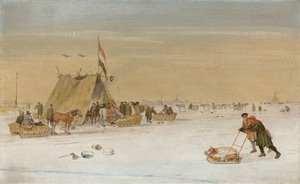 Koek-en-zopieテントの氷の上の数字のある冬の風景 作： Hendrik Avercamp