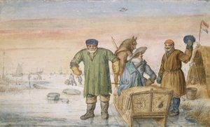 アムステルダムとユトレヒトの紋章を付けたそりのそばの2人の老人、1620年〜33年