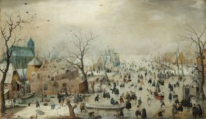 スケーターとの冬の風景。 c.1608（パネルに油彩） 作： Hendrik Avercamp