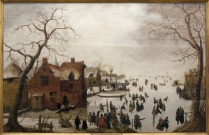 冬の情景-ヘンドリック・アヴェルカンプ（1585-1634）の絵画、木に油彩、1620年頃（冬の情景、ヘンドリック・アヴェルカンプ作、パネルに油彩、1620年頃）-エヴォラ美術館（ポルトガル 作： Hendrik Avercamp