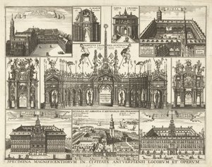 ブラッドは、1635 年にフェルディナンド・テ・アントワープでティエン・ヴォルセニンゲン・ファン・デ・インヒト・ファン・デ・カーディナールと出会いました。 アントワープ市の最も壮大な場所と作品の標本 (オブジェクトのタイトル) 作： Hendrik Causé