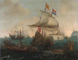 1602 年 10 月 3 日、イギリス沿岸沖でスペインのガレー船に衝突するオランダ船 作： Hendrick Cornelisz. Vroom