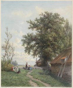 いくつかの人物がいる農場の庭、右側に納屋と大きな木 作： Hendrik Dirk Kruseman van Elten