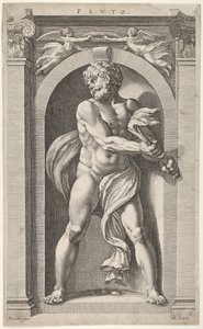 冥王星、図、4つの頭、1つの柱のスケッチ、1592。 作： Hendrik Goltzius