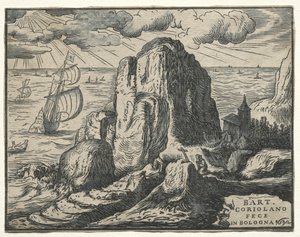 4つの風景のセット：No. 4-海岸の崖。 作： Hendrik Goltzius