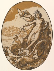 1588-90の2つの海の生き物に引かれた巨大な殻の戦車に横たわるテティス。 作： Hendrik Goltzius