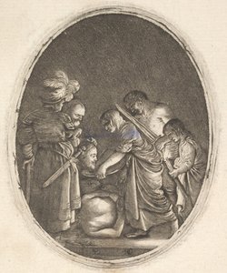 洗礼者ヨハネの頭を受け取り、3人の男性と1人の子供ビーに囲まれたサロメ...、ca。 1610年。 作： Hendrik Goudt