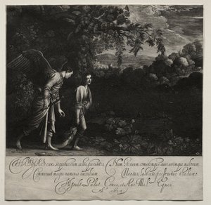 Tobias and the Angel (large plate)   1298110   ja       japanese Successfully Translated  Original: Portrait de femme (Female Portrait). Une belle femme melancolique, les yeux mi clos, assise dans un fauteuil, un livre ouvert pose sur les genoux, entouree  作： Hendrik Goudt