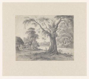 木と小屋のある風景と馬と馬車と 2 人の人物 作： Hendrik Huygens (signed by artist)