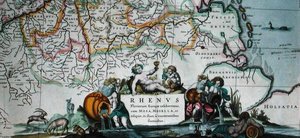 1639年アムステルダムの「Le Nouveau Theatre du Monde」からのライン川の流れの地図のカルトゥーシュ（カラーエングレーヴィング）。