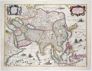 アラビア、日本、朝鮮半島およびインドネシア列島の大部分を含む一般的な地図、1631年（カラー彫刻）