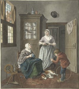 裁縫の女性、メイド、遊ぶ男の子のインテリア 作： Hendrik Jan van Amerom