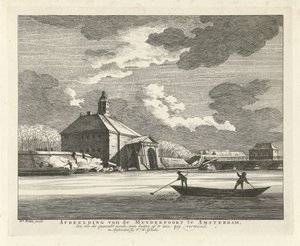 1769年、シンゲルグラハトから見たマウダーポールトのたるみ アムステルダムのマイダーポールトの画像、崩壊したシンドとしての動物園、外側から見ることができ、ジグ線で示されています (オブジェクトのタイトル) 作： Hendrik Keun